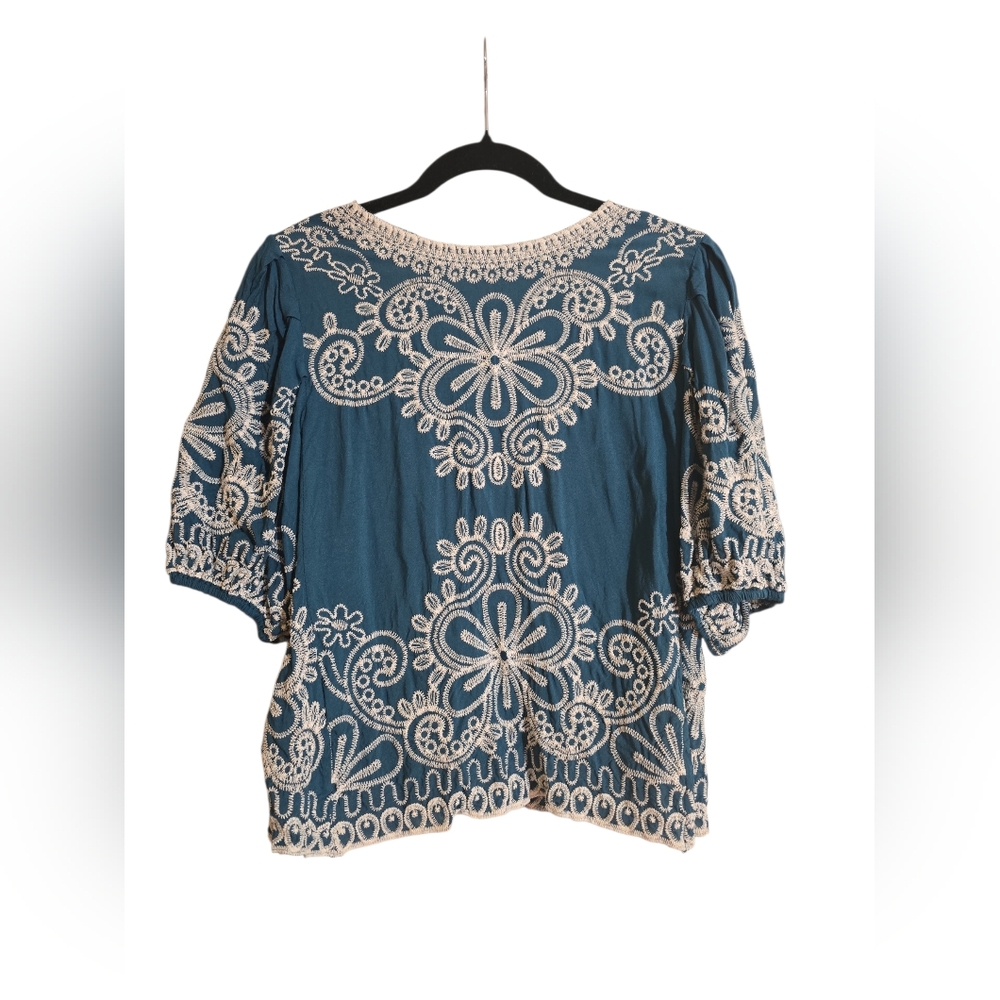 #260. Solitaire Teal Scoop-Neck Embroidered Blouse - Picture 4 of 7